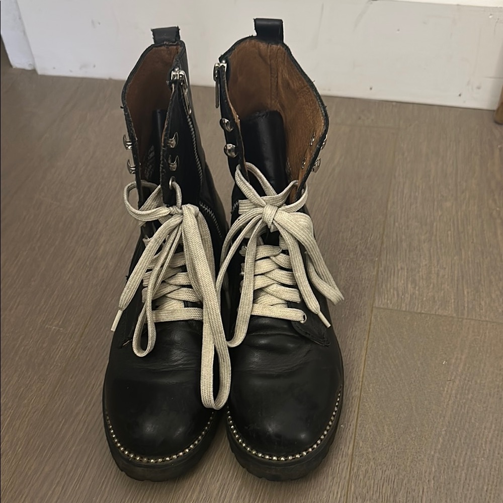 Black Leather Combat Boots with White Laces